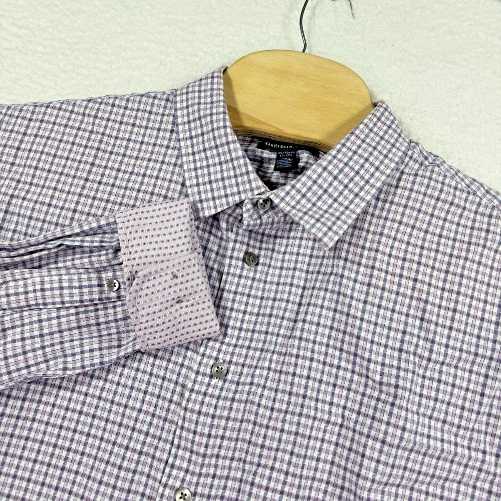 Van Heusen Shirt Mens XL Purple Checkered Slim‎ Fit Long Sleeve Flip Cuff Modern
